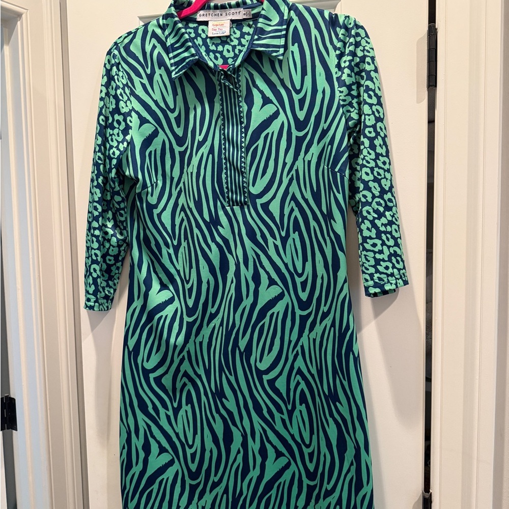 Gretchen Scott Designs Green Sheath Dress with Cuffed Sleeves